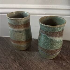 Vintage Signed Green and Brown Pottery Cups / Vases